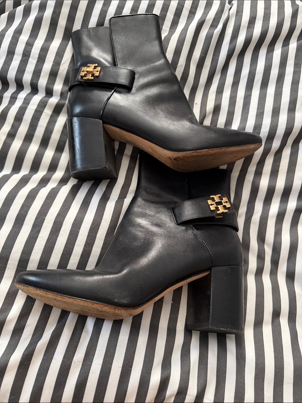 Tory Burch Black Leather Block Heel Ankle Booties with Gold Emblem